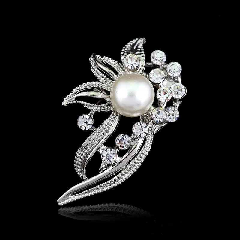 Elegant Pearl Rhinestone Leaf Brooch For Women, Silver Alloy Lapel Pin Corsage Suit Accessory Gift