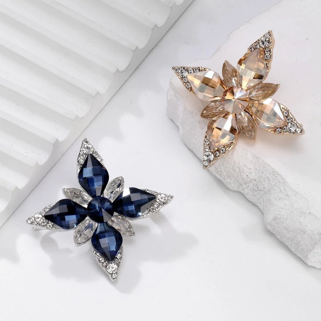 Elegant Eight Point Star Flower Brooch With Blue Rhinestone Crystal Alloy Lapel Pin Corsage Gift