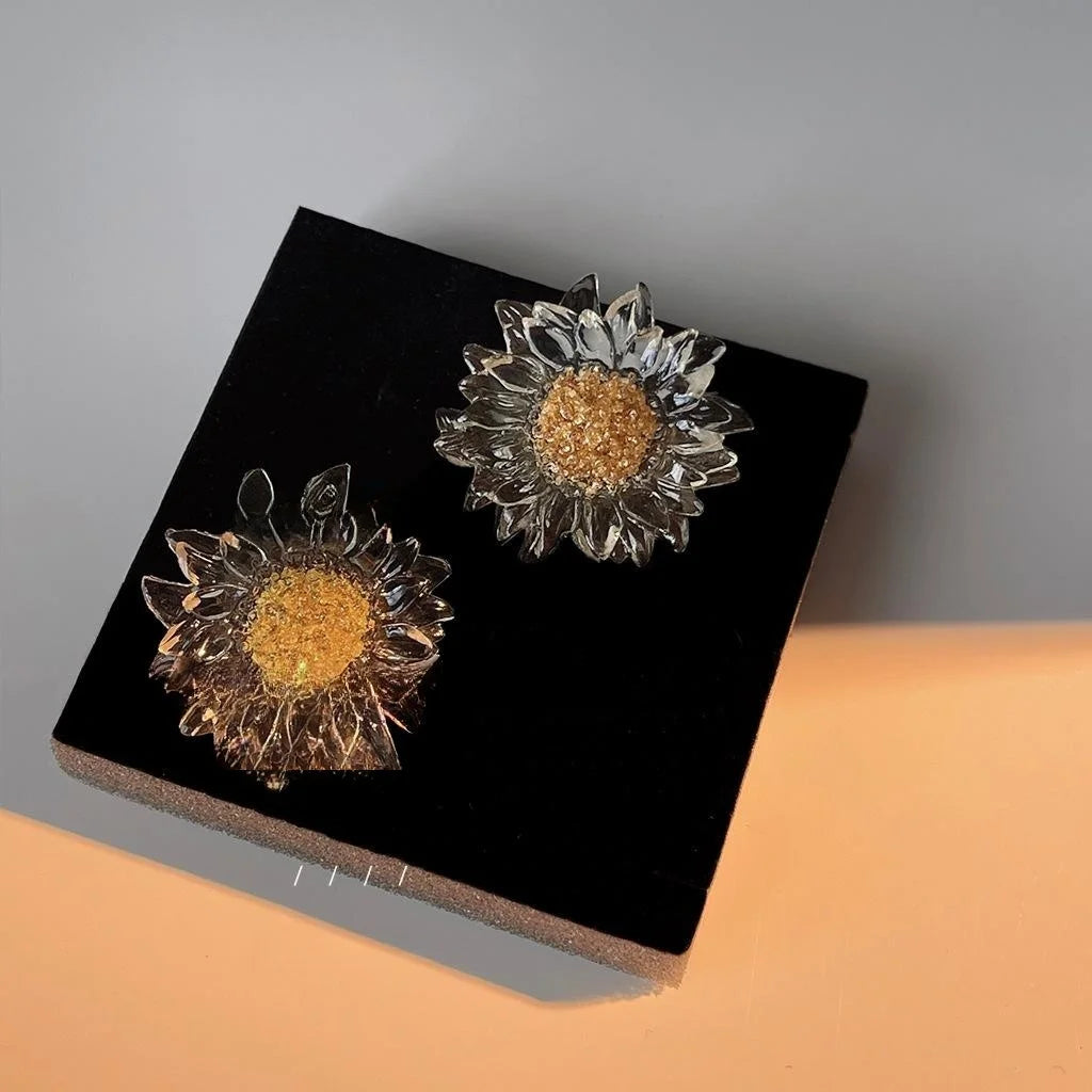 Transparent Resin Sunflower Stud Earrings For Women, Silver Plated Pin Floral Statement Jewelry