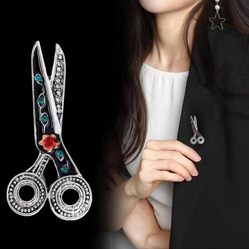 Vintage Scissors Brooch With Rhinestone And Enamel Detail, Elegant Unisex Lapel Pin Suit Accessory