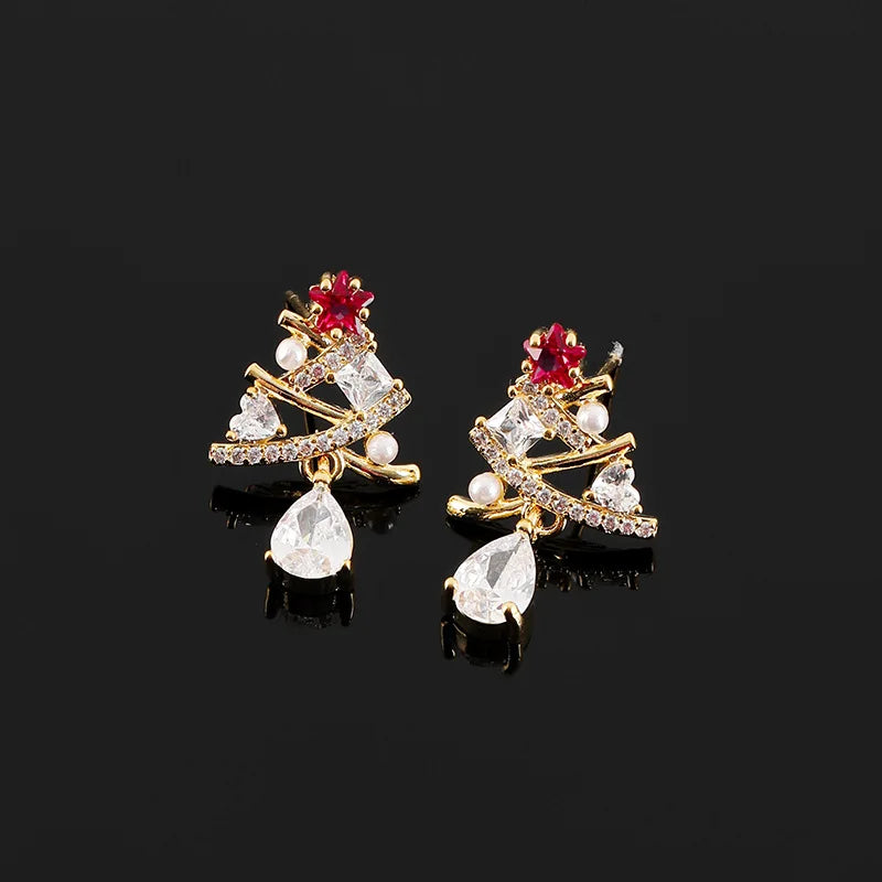 Elegant Zircon Pearl Christmas Tree Drop Stud & Clip On No Piercing Holiday Party Earrings
