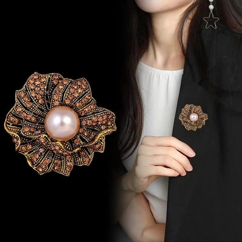 Vintage Rose Flower Brooch With Faux Pearl And Amber Rhinestones, Elegant Lapel Pin Suit Accessory Gift