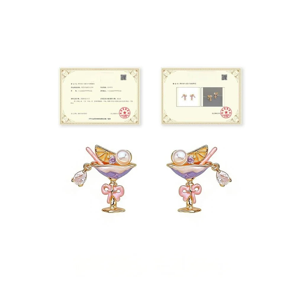 Sweet Style Wine Glass Stud Earrings Copper Zircon Micro Pave Pearl Painted Geometric Jewelry