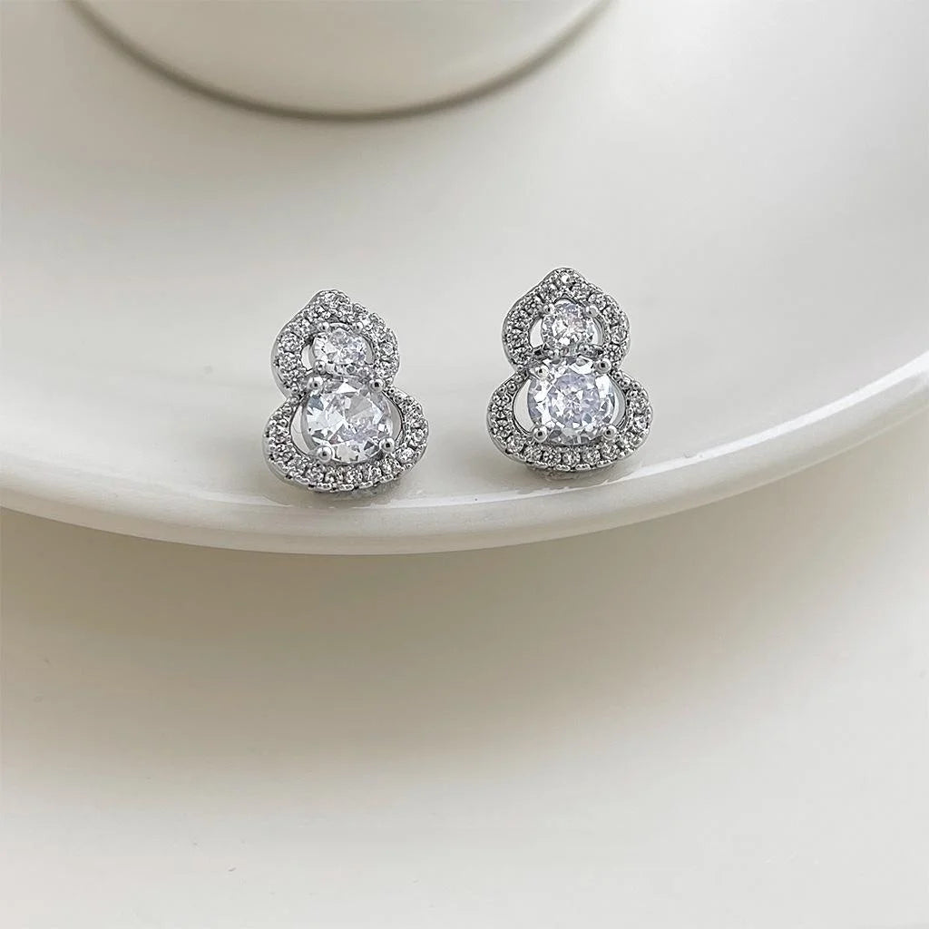 Light Luxury Copper Zircon Gourd Stud Earrings, Geometric Minimalist Jewelry