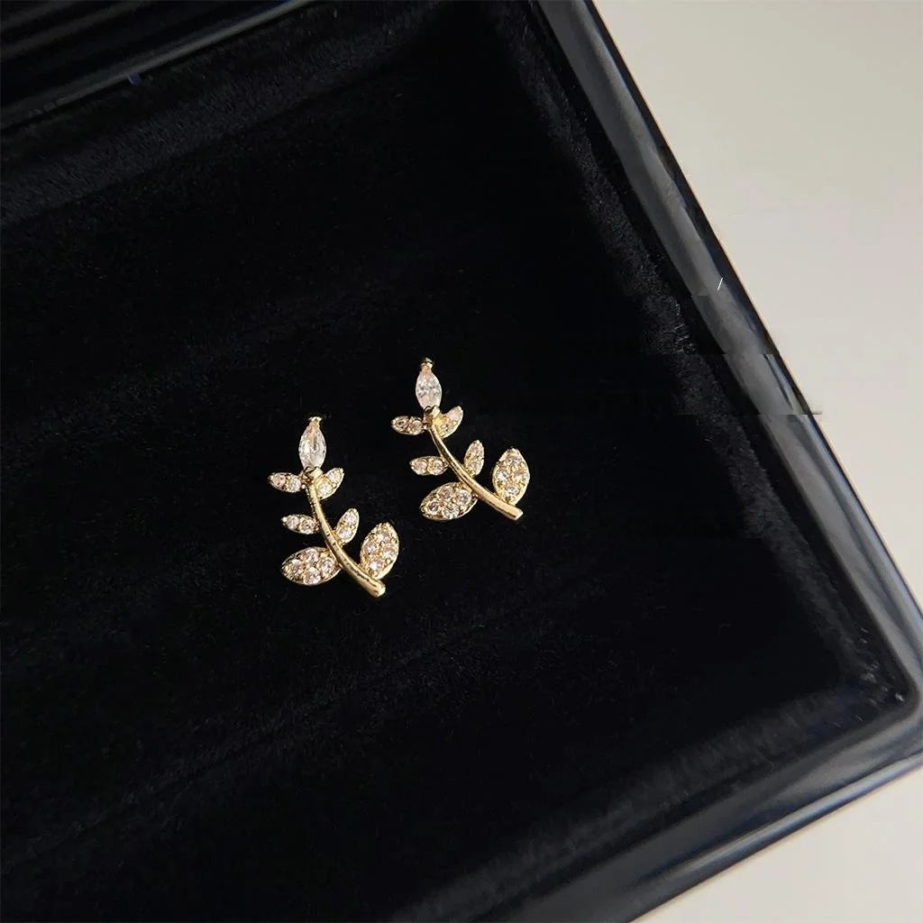 Mini 14K Gold Plated Copper Leaf Stud Earrings With Zircon Pave