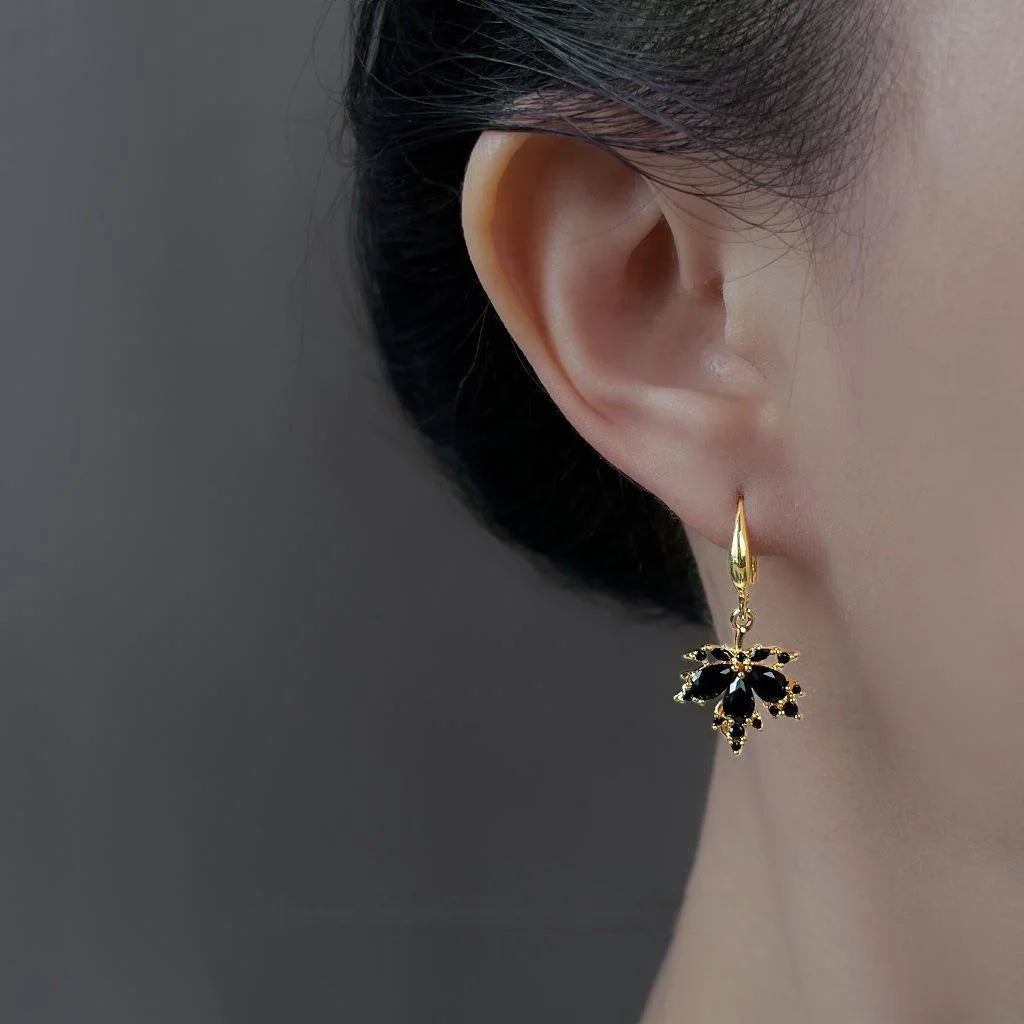 14K Gold Plated Copper Zircon Black Maple Leaf Drop Earrings Light Luxury Commuter Jewelry