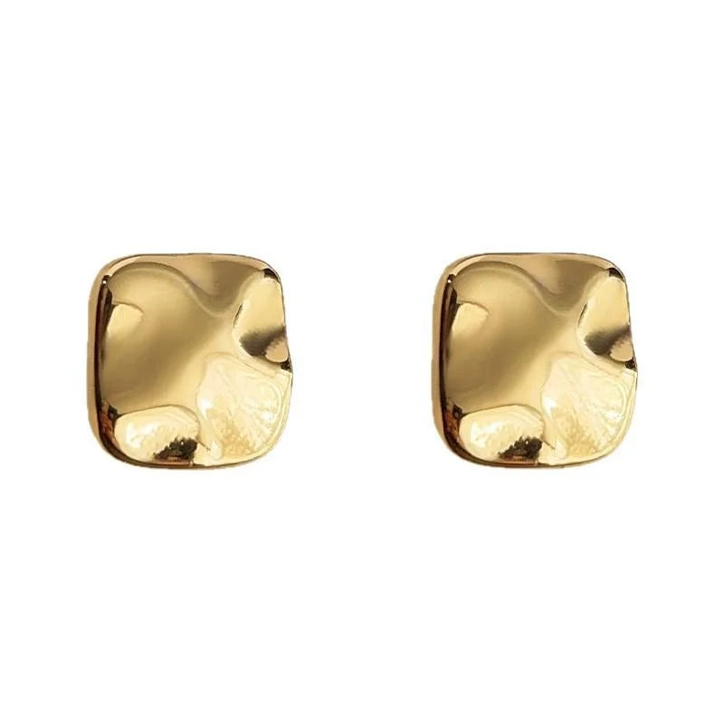 Minimalist Geometric Copper Stud Earrings For Women, Light Luxury Wrinkled Metal Square Design