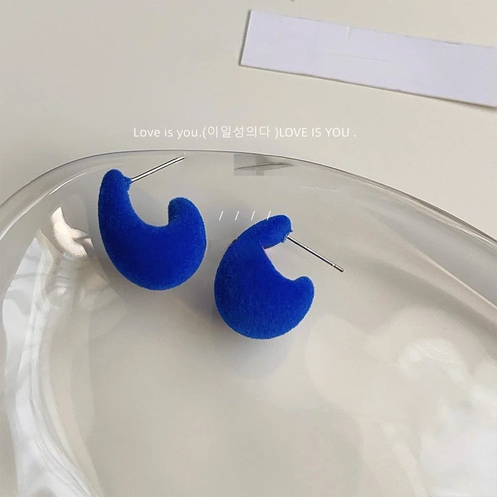 Vintage Royal Blue Flocked Teardrop Drop Earrings, Furry Winter Geometric Hoop Jewelry For Women