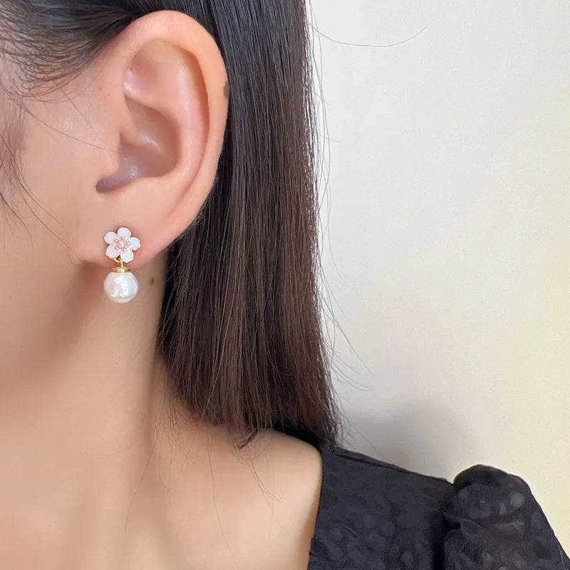 Elegant Pink Enamel Sakura Flower Pearl Drop Gold Alloy Stud & Clip On No Piercing Earrings