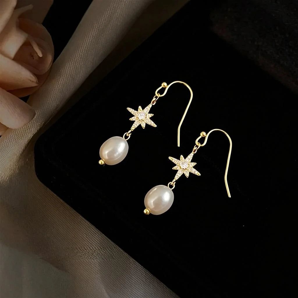 Freshwater Pearl Zircon Eight-Point Star Handmade Drop Earrings Light Luxury Geometric Jewelry