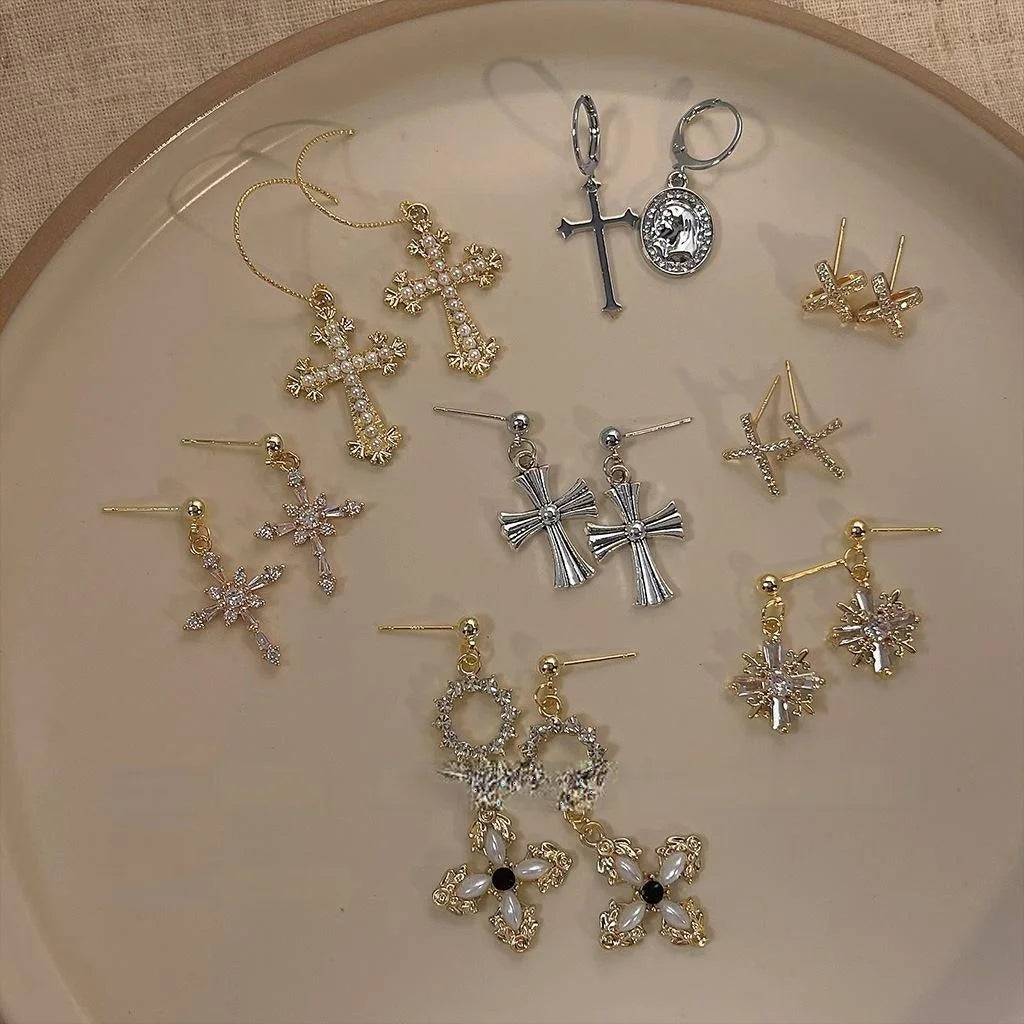 14K Plated Copper Cross Drop Earrings Sweet Cool Geometric Ear Jewelry