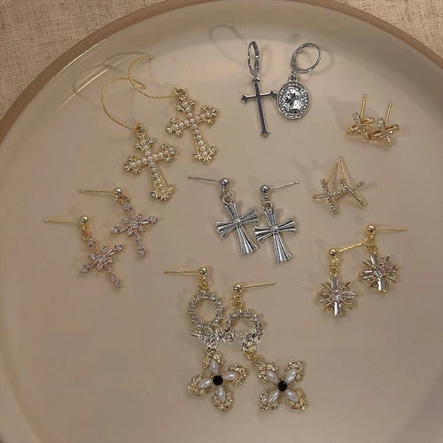 14K Plated Copper Cross Drop Earrings Sweet Cool Geometric Ear Jewelry