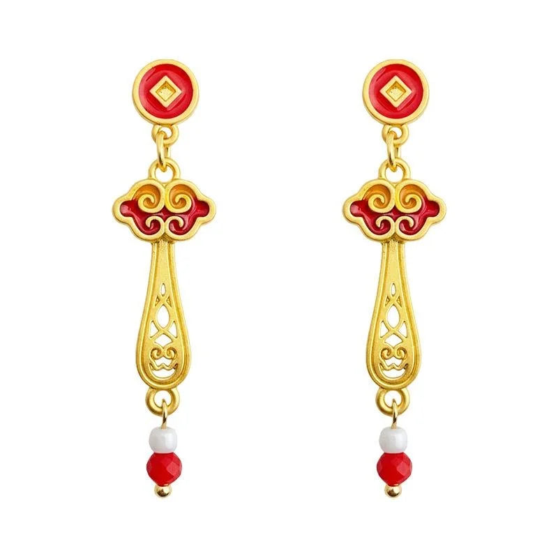 Chinese Style Red Enamel Ruyi Cloud Drop Earrings, Copper Glass Crystal Long Dangle Jewelry