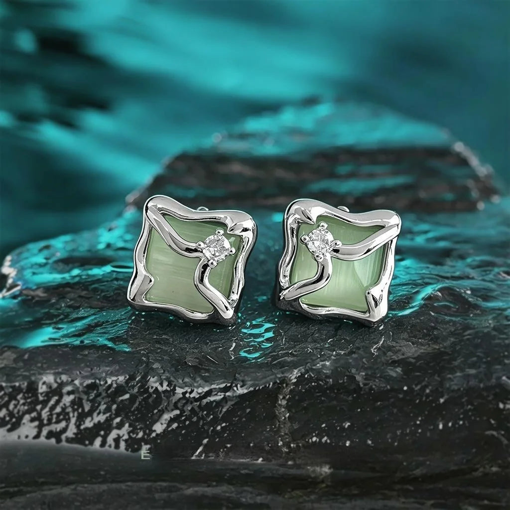 Minimalist Copper Glass Cat Eye Stone Square Stud Earrings With Pave Zircon