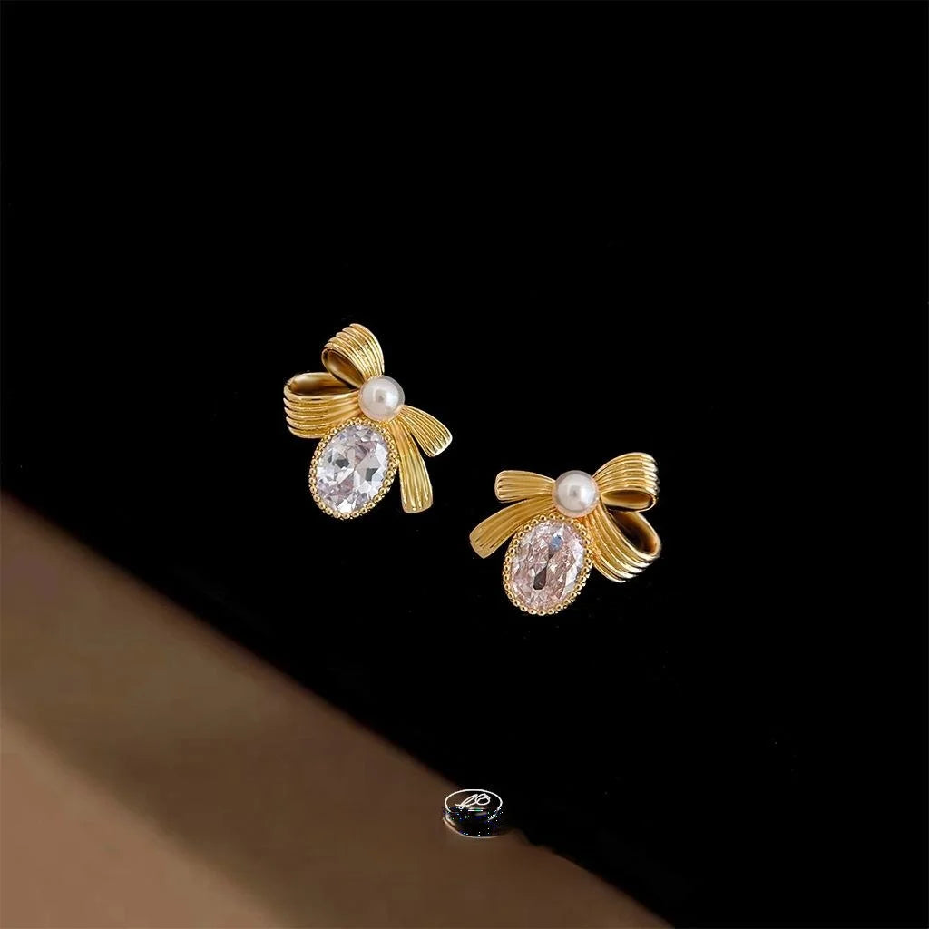 Luxury Bowknot Geometric Zircon Silver Plated Copper Pearl Stud Earrings for Women