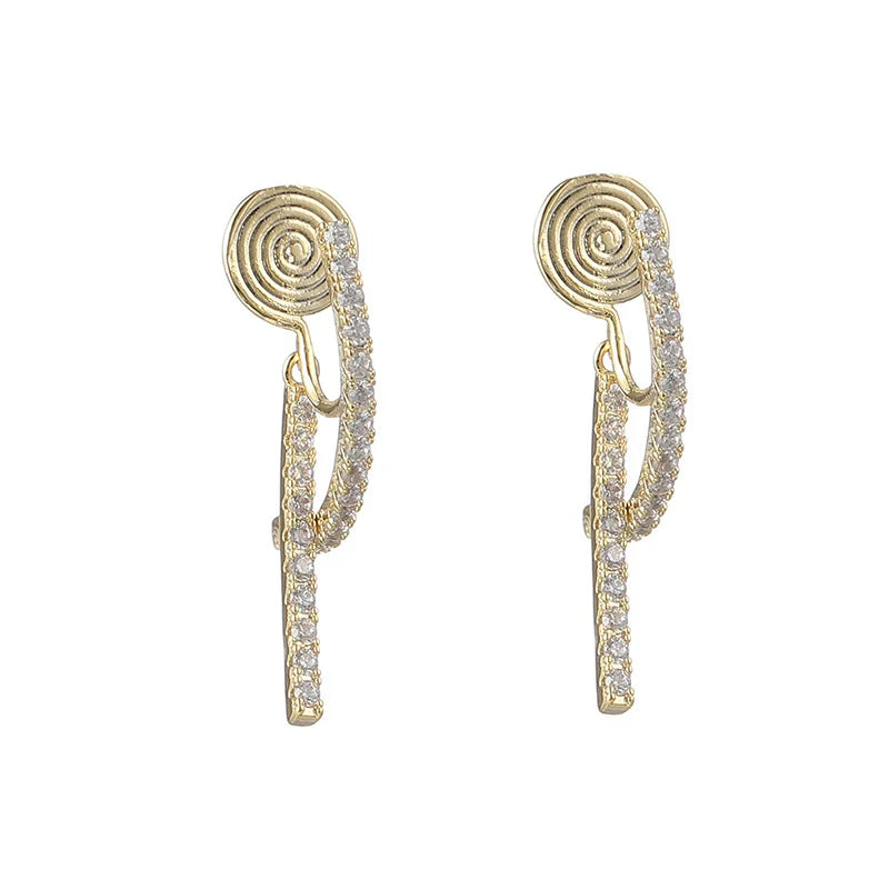 Elegant Gold Alloy Zircon Spiral Disc Cross Drop Stud & Clip On No Piercing French Slim Earrings