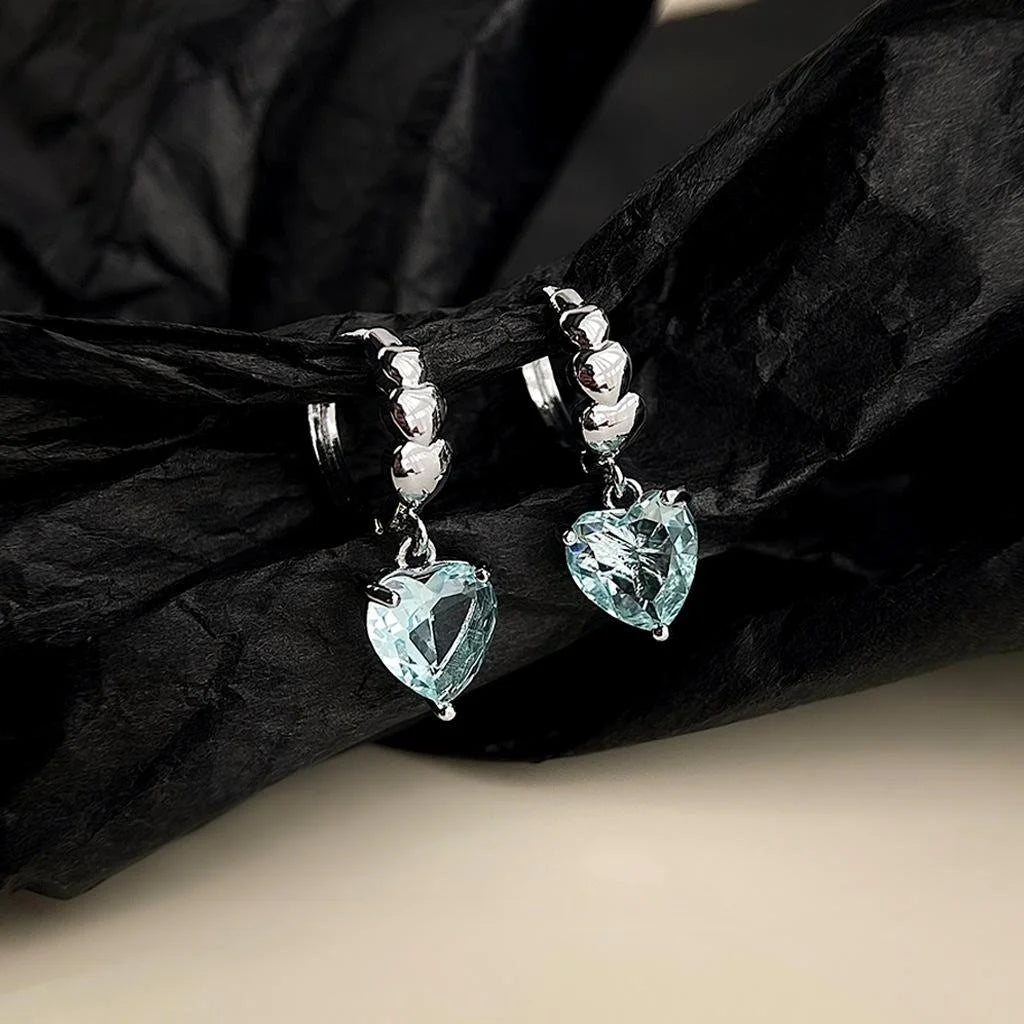 Sweet Cool Aquamarine Heart Zircon Copper Drop Earrings Handmade Geometric Designer Jewelry