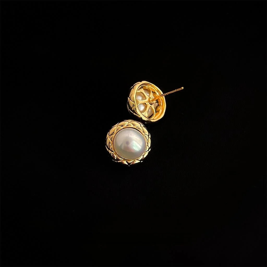 14K Plated Copper Freshwater Pearl Stud Earrings Round Geometric Minimalist Luxury Jewelry