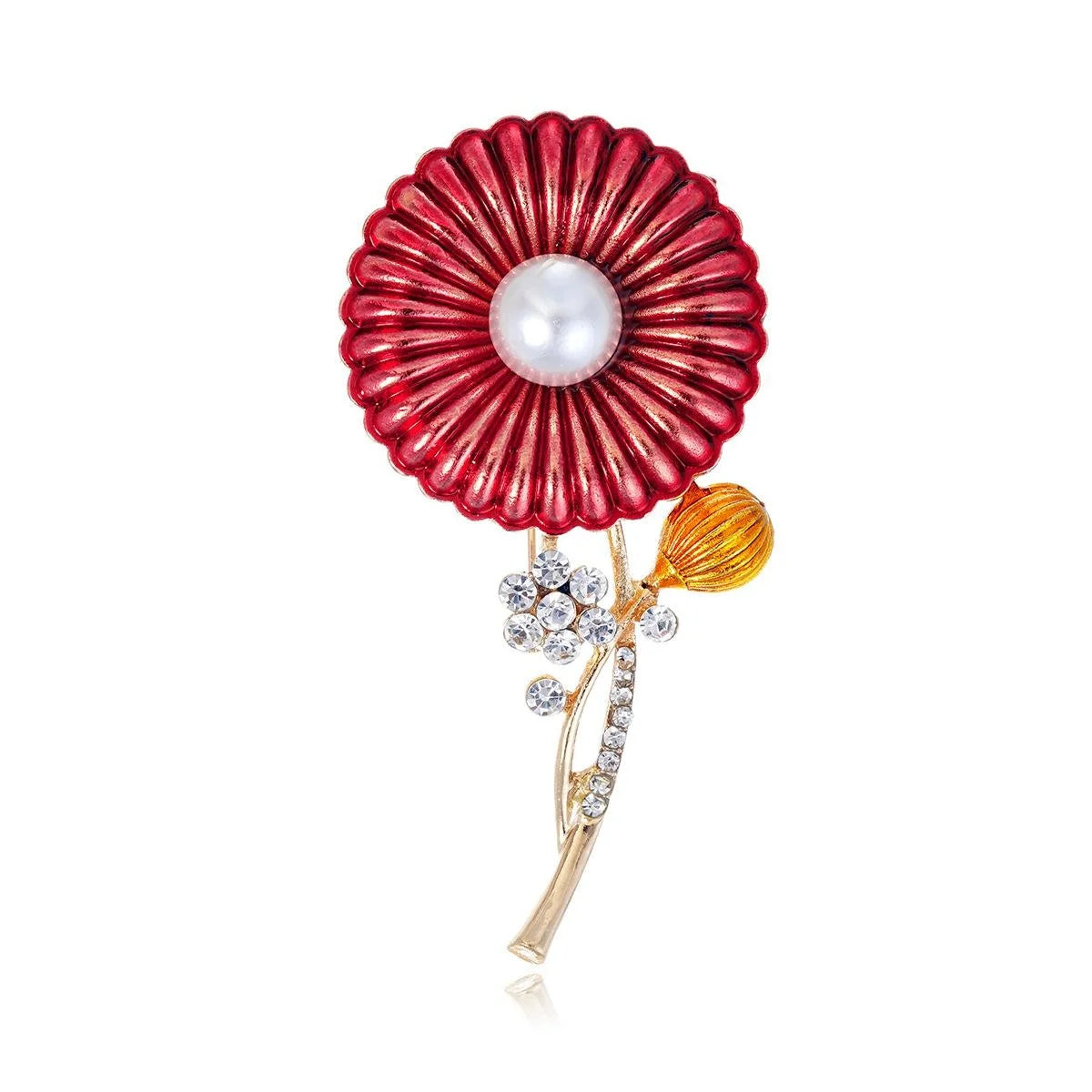Elegant Red Enamel Daisy Flower Brooch With Pearl Center And Rhinestone Stem, Women's Lapel Pin Gift