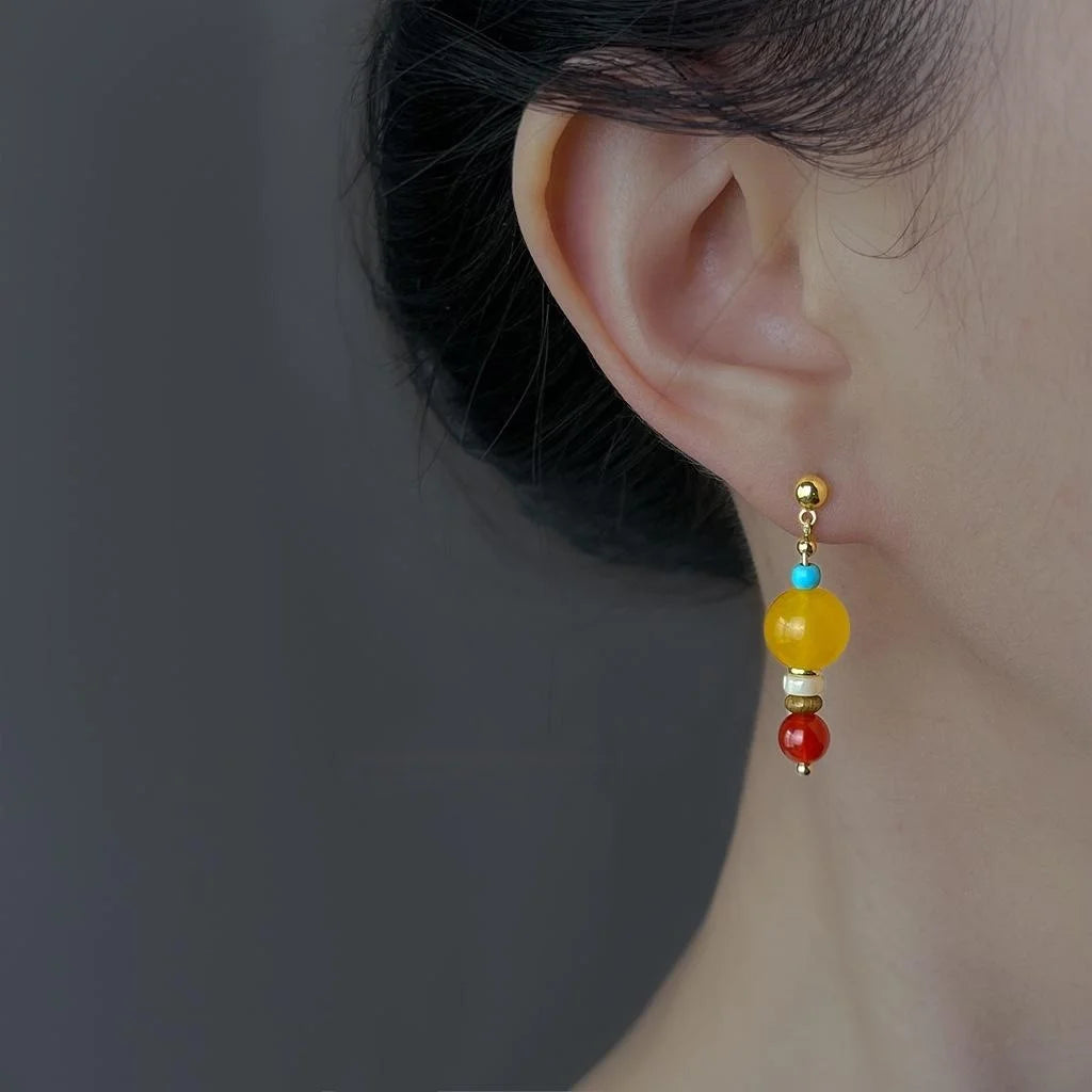 Ethnic Style Copper Red Agate Topaz Geometric Tassel Drop Earrings