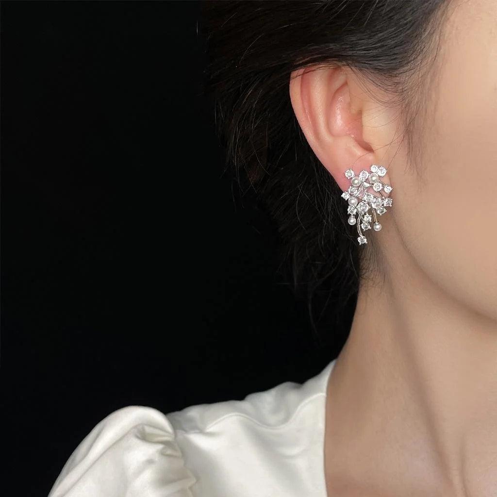 Light Luxury Copper Drop Earrings With Micro Pave Zircon Floral Geometric Silver Plated Pins