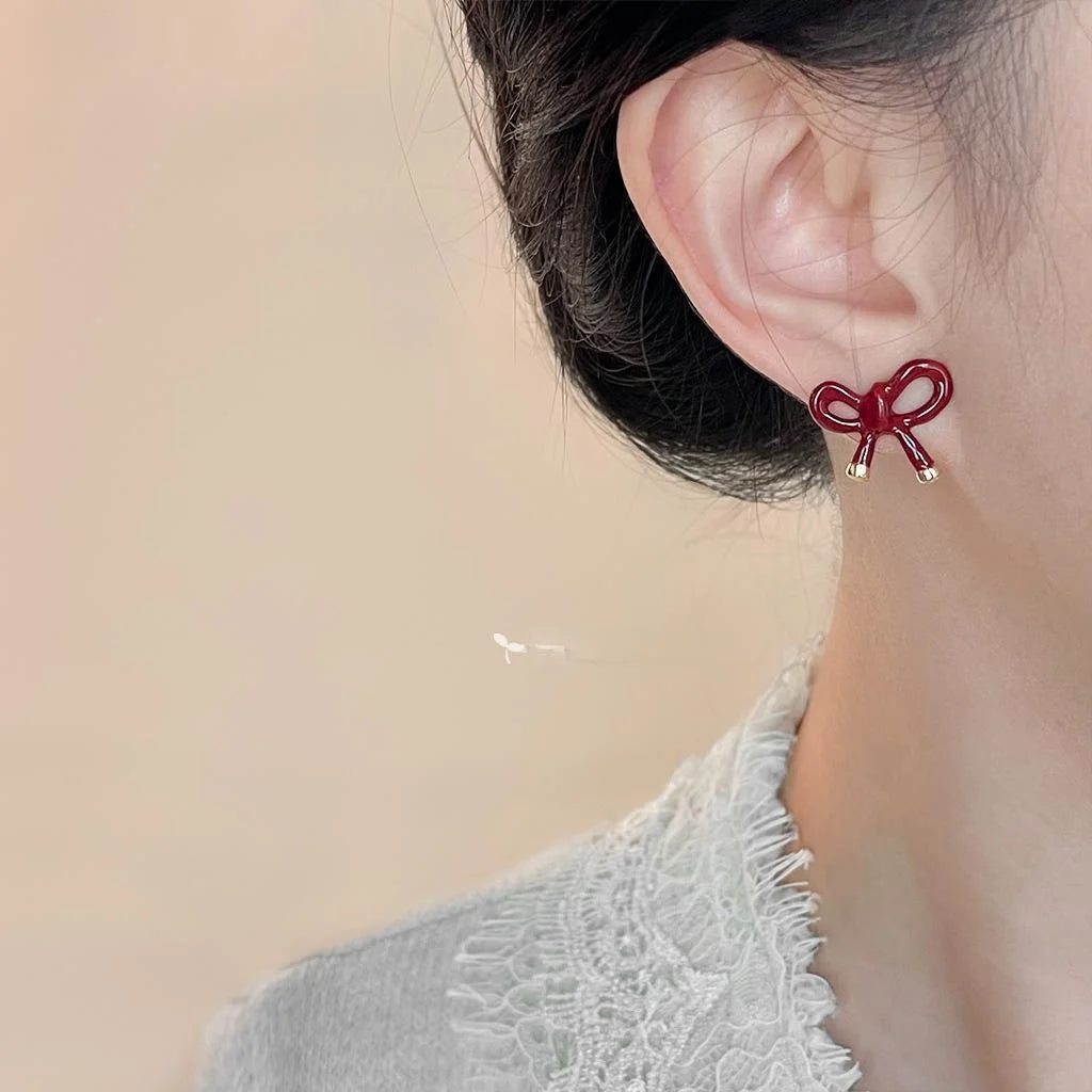 14K Gold Plated Copper Burgundy Enamel Bow Stud Earrings For Women High-End Fashion Jewelry