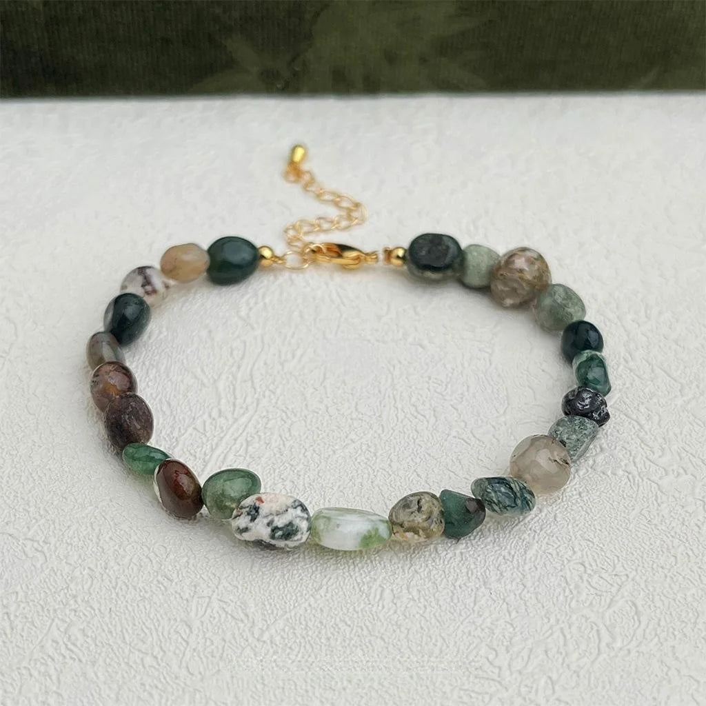 Handmade Moss Agate Bracelet Vintage Ethnic Irregular Geometric Natural Stone Jewelry