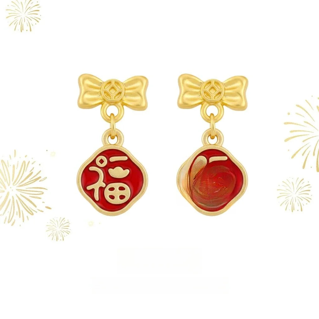 Chinese New Year Bow Fu Drop Earrings Matte Copper For Women