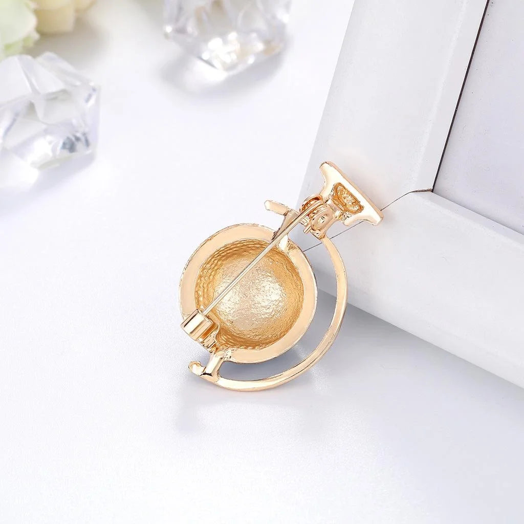 Elegant Blue Enamel Globe Planet Brooch, Gold Tone Alloy Lapel Pin Corsage Suit Accessory Gift