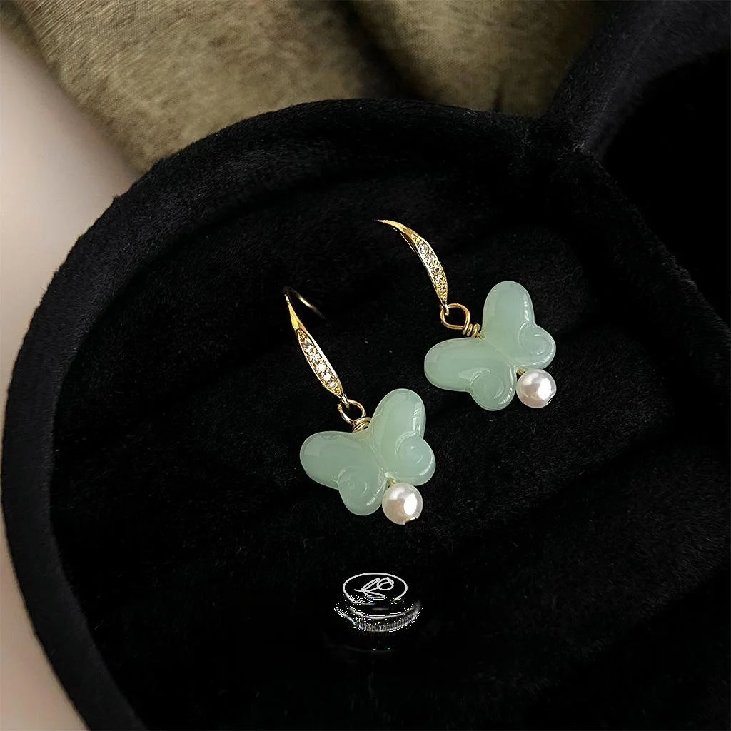 New Chinese Style Jade Glass Butterfly Pearl Drop Earrings French Vintage Handmade Jewelry