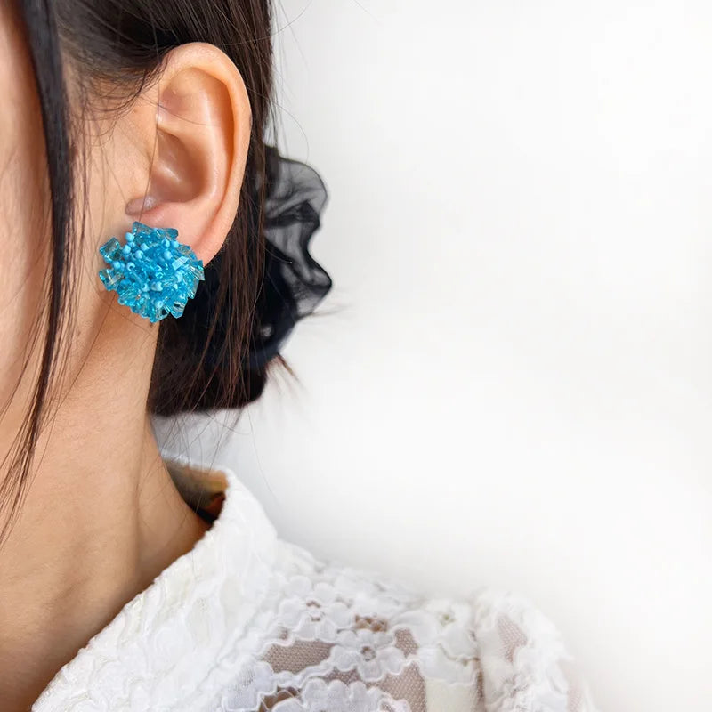 Elegant Blue Crystal Beaded Flower Stud & Clip On No Piercing Handmade Summer Statement Earrings