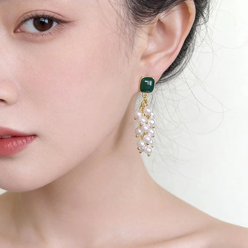 French Vintage Copper Pearl Grape Cluster Tassel Stud Earrings For Women