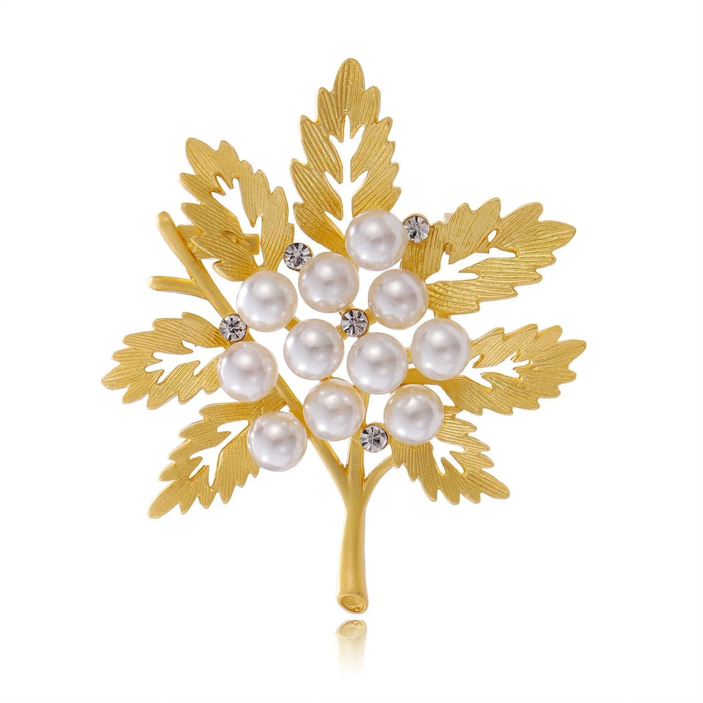 Elegant Gold Alloy Maple Leaf Brooch With Faux Pearls And Rhinestones, Luxury Lapel Pin Suit Accessory
