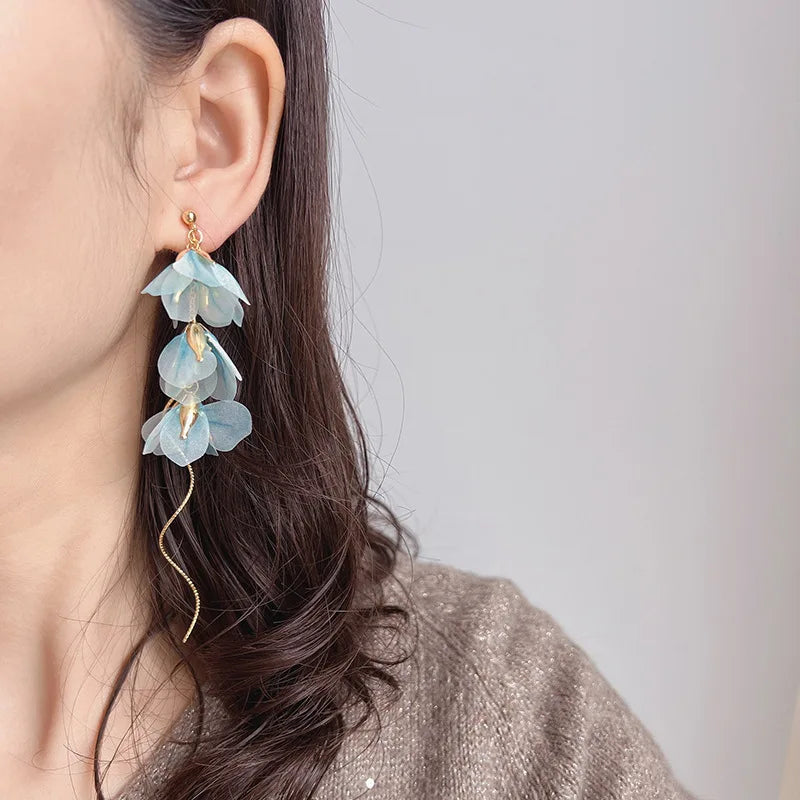 Elegant Light Blue Fabric Flower Alloy Chain Tassel Stud & Clip On No Piercing Vacation Drop Earrings
