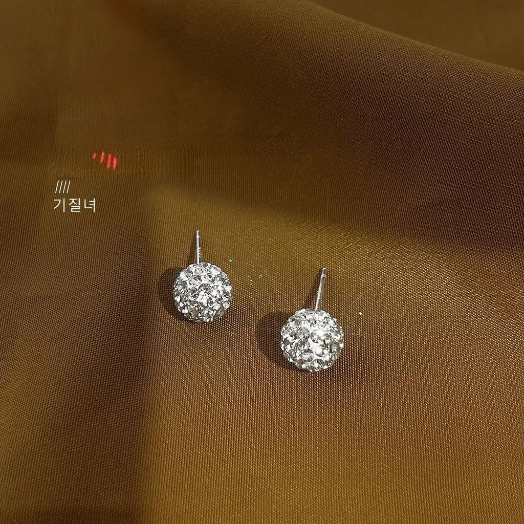 Glass Rhinestone Round Ball Stud Earrings Sparkling Geometric Full Rhinestone Light Luxury Style