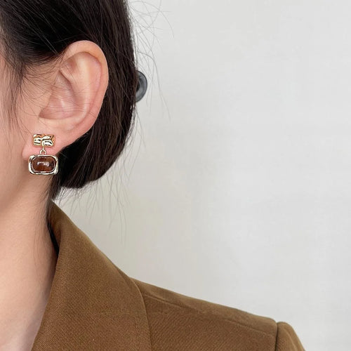 French Vintage Geometric Square Copper Resin Drop Earrings Elegant Handmade Fashion Jewelry