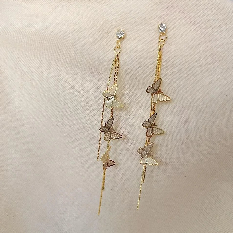 14K Gold Plated Copper Long Butterfly Tassel Stud Earrings For Women Forest Style