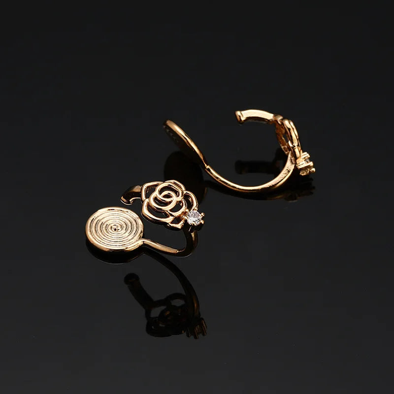 Elegant Gold Tone Alloy Rose Flower Spiral Disc Zircon Stud & Clip On No Piercing Small Hoop Earrings