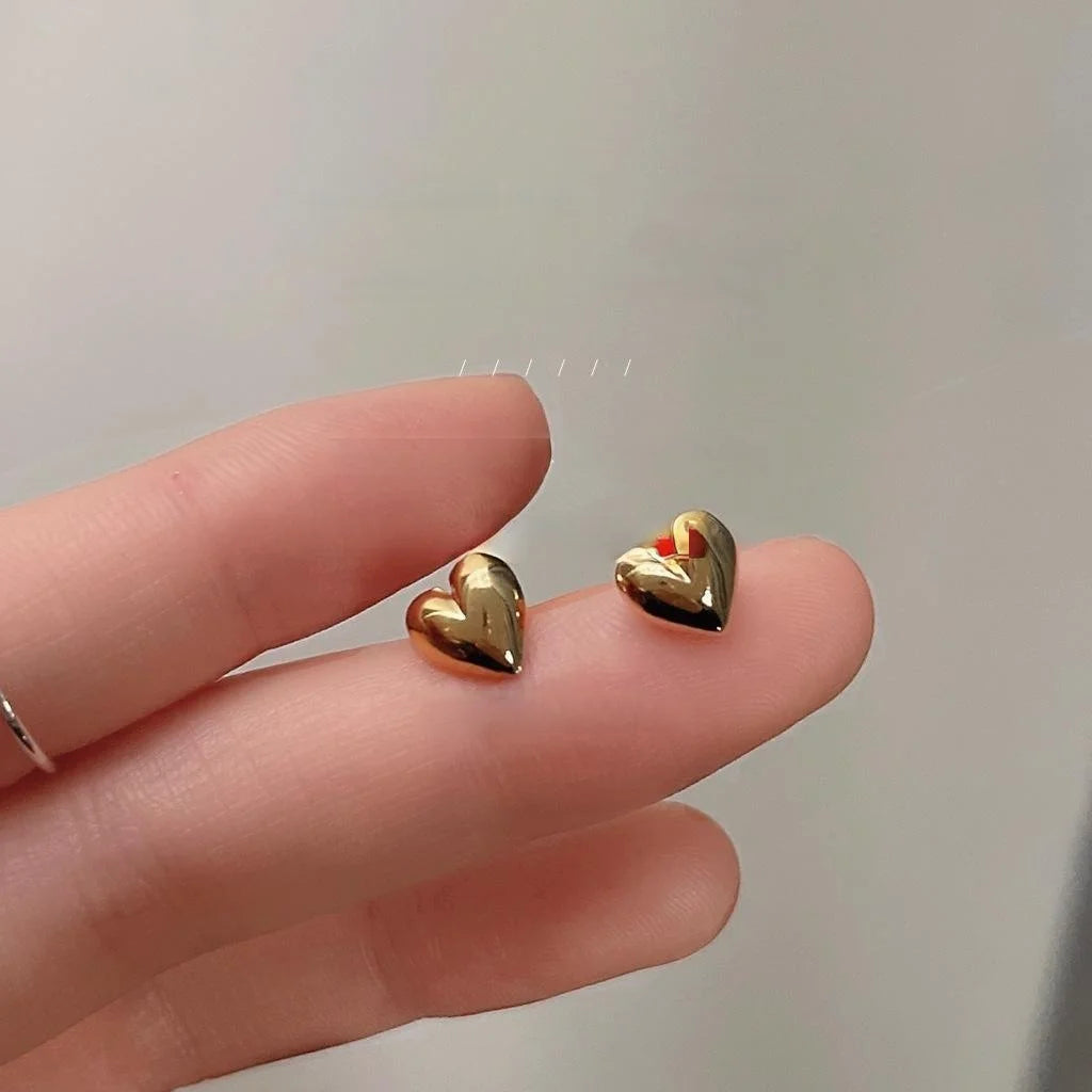 14K Gold Plated Copper Mini Smooth Heart Stud Earrings For Women Simple Korean Style
