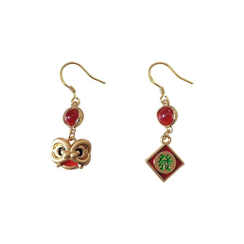 Chinese New Year Lion Dance Asymmetric 14K Plated Copper Drop Earrings