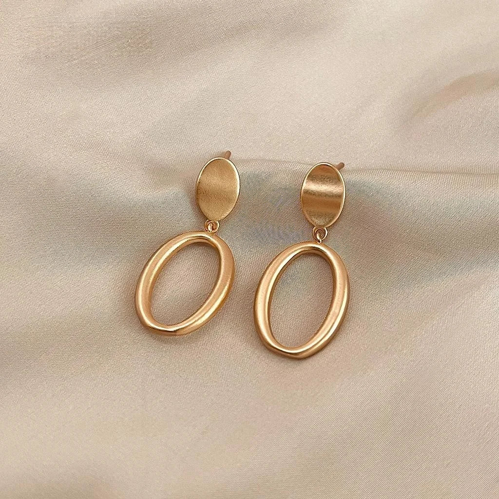 French Elegant Matte Brushed Copper Geometric Hollow Oval Hoop Drop Earrings For Women