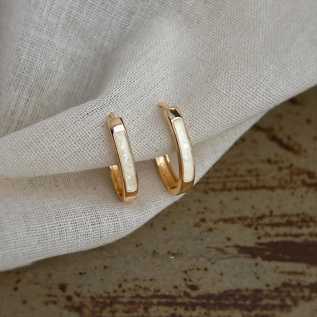 White Oval Crushed Shell Drop Earrings Copper Enamel Hoop Minimalist Korean Style Jewelry
