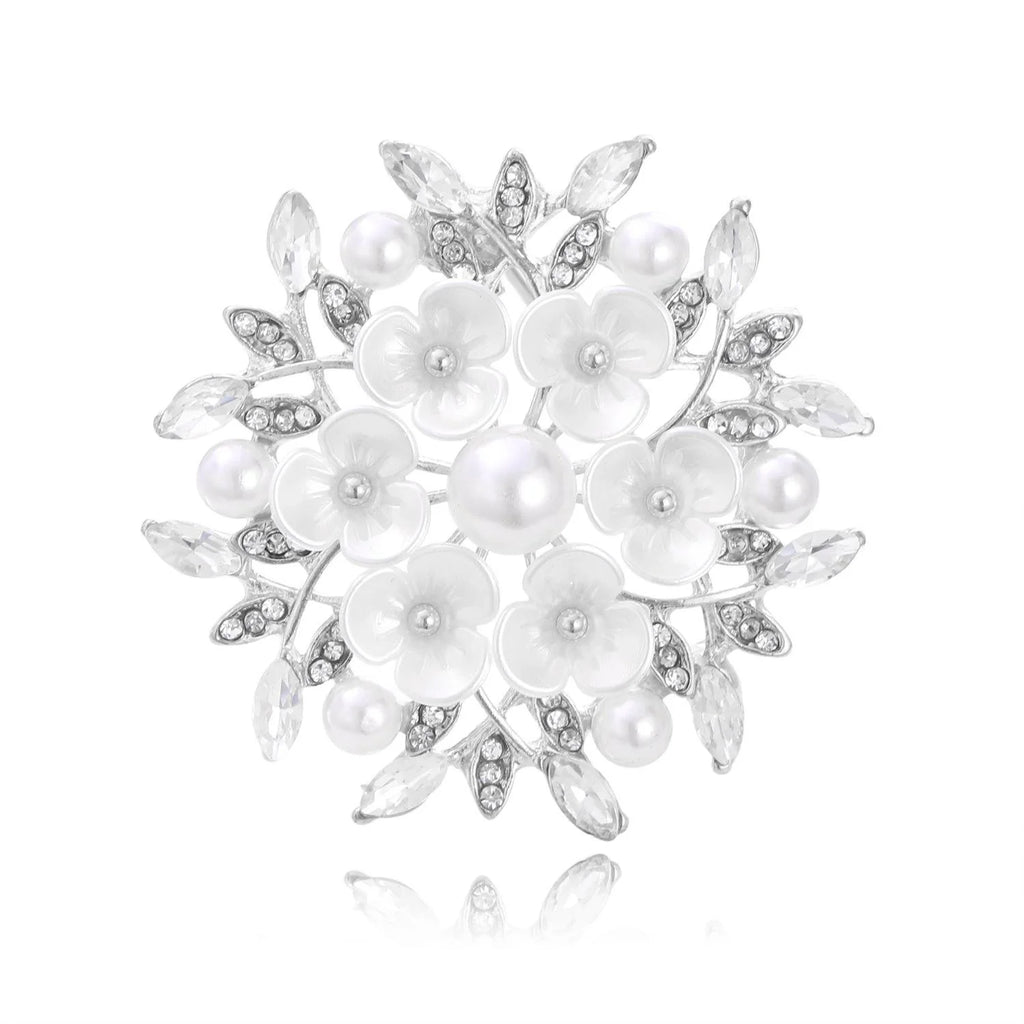 Elegant Pearl Flower Brooch With Rhinestone Leaves, Silver Alloy Floral Lapel Pin Corsage Gift