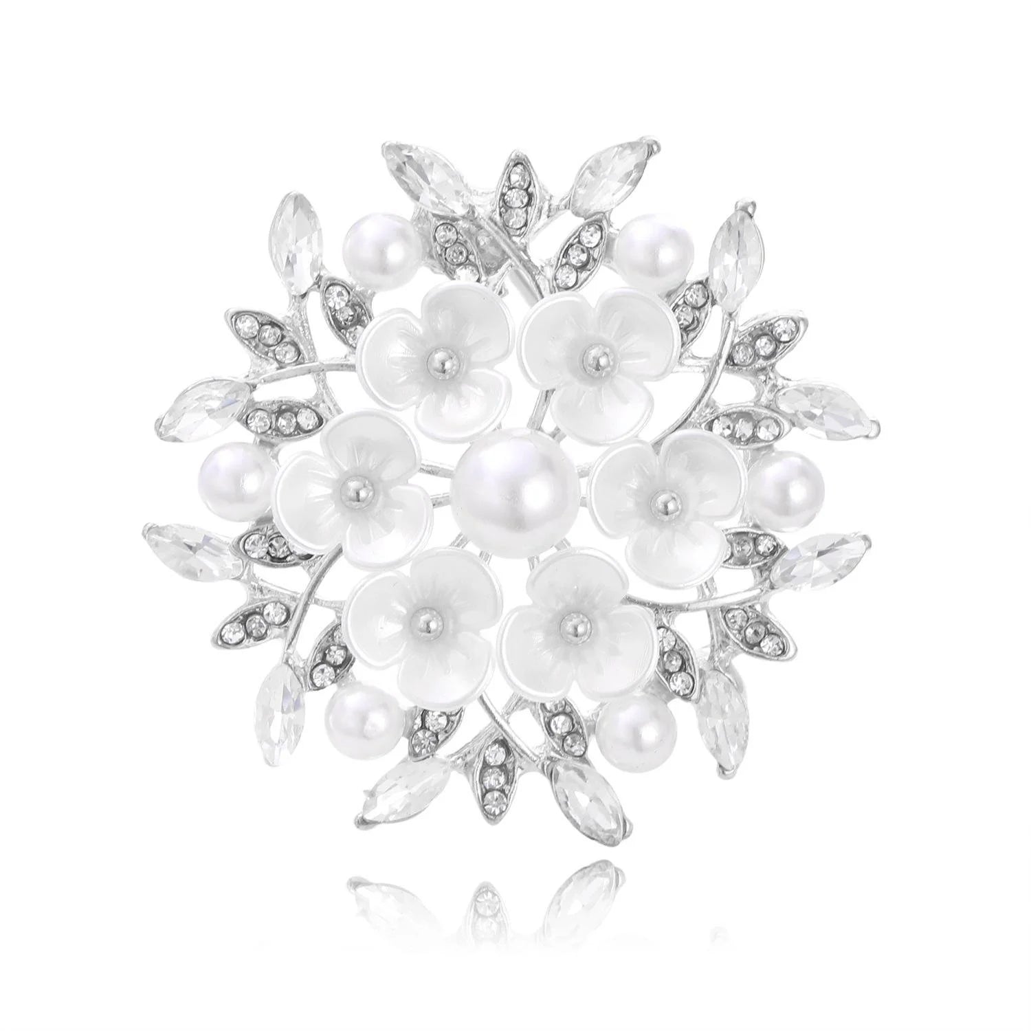 Elegant Pearl Flower Brooch With Rhinestone Leaves, Silver Alloy Floral Lapel Pin Corsage Gift