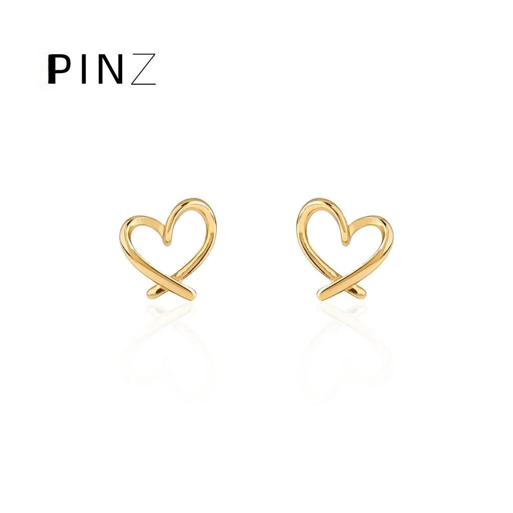 18K Gold Plated Copper Hollow Heart Stud Earrings Minimalist Geometric Line Jewelry
