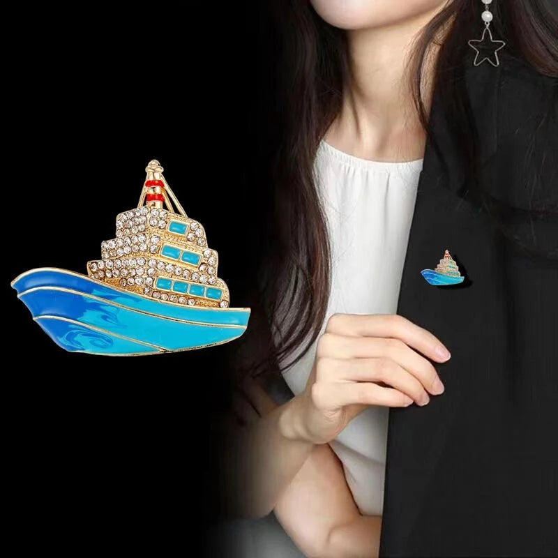 Luxury Cruise Ship Enamel Rhinestone Brooch Elegant Alloy Lapel Pin Corsage For Suit Coat Gift