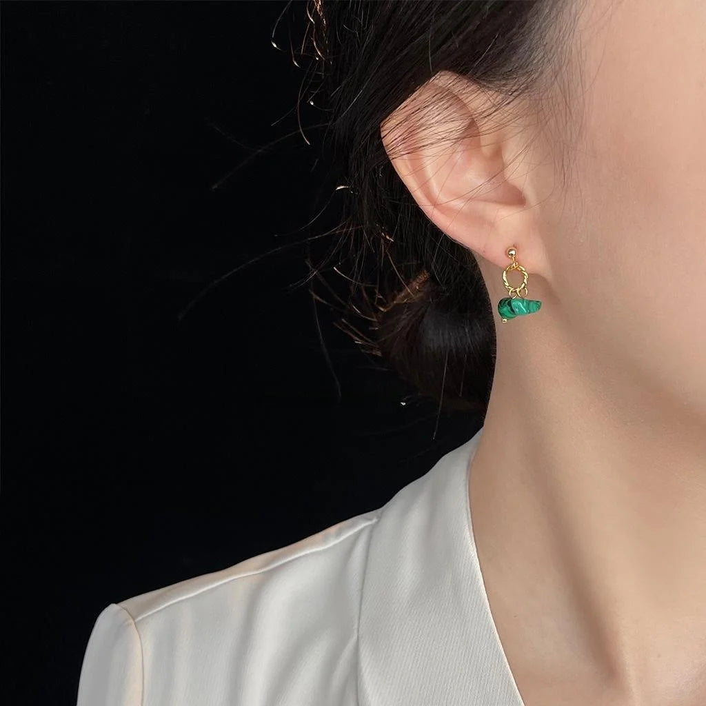 Handmade Vintage Chinese Style Synthetic Malachite Round Geometric Drop Earrings For Women
