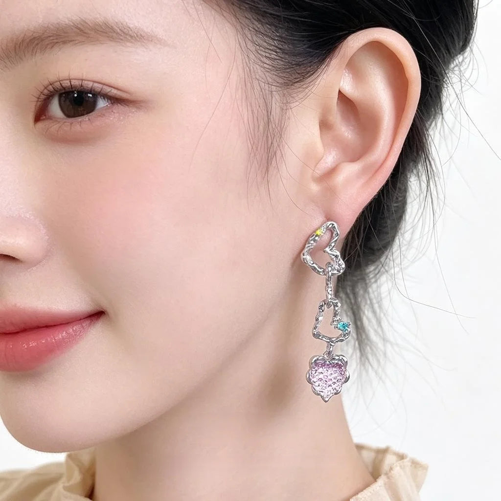 Sweet Cool Pink Heart Geometric Rhinestone Long Drop Earrings For Women