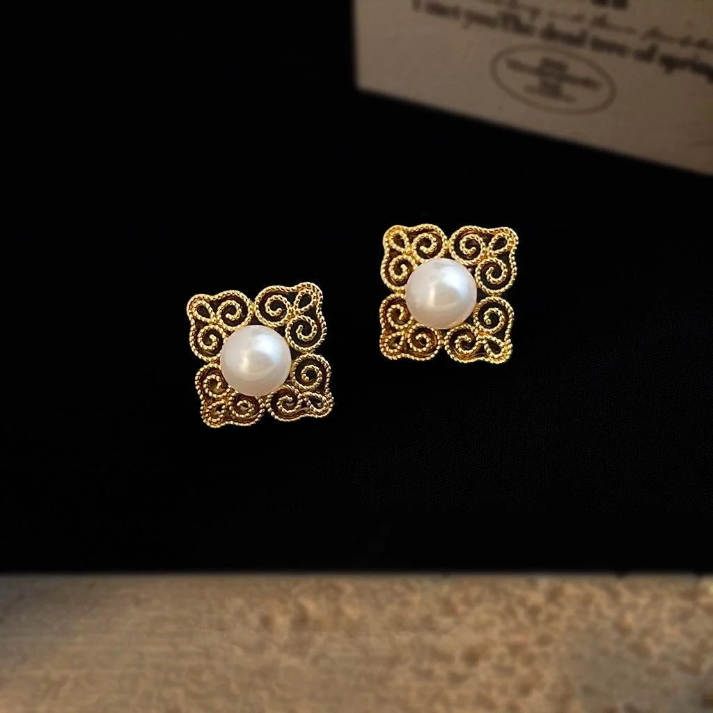 Vintage Chinese Style 14K Plated Copper Glass Pearl Geometric Floral Stud Earrings
