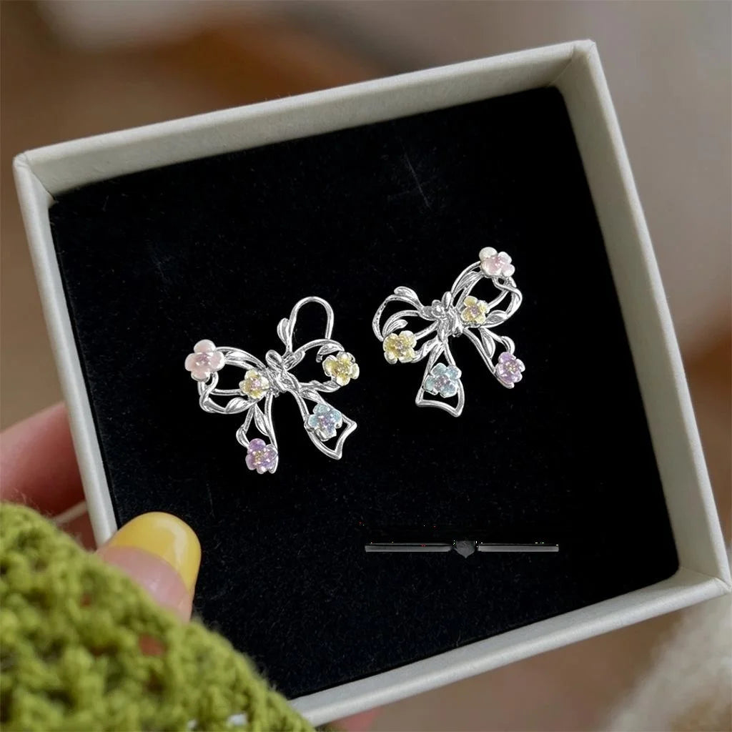Sweet Fresh Bow Stud Earrings Copper Zircon Hollow Flower Enamel Painted Cute Jewelry